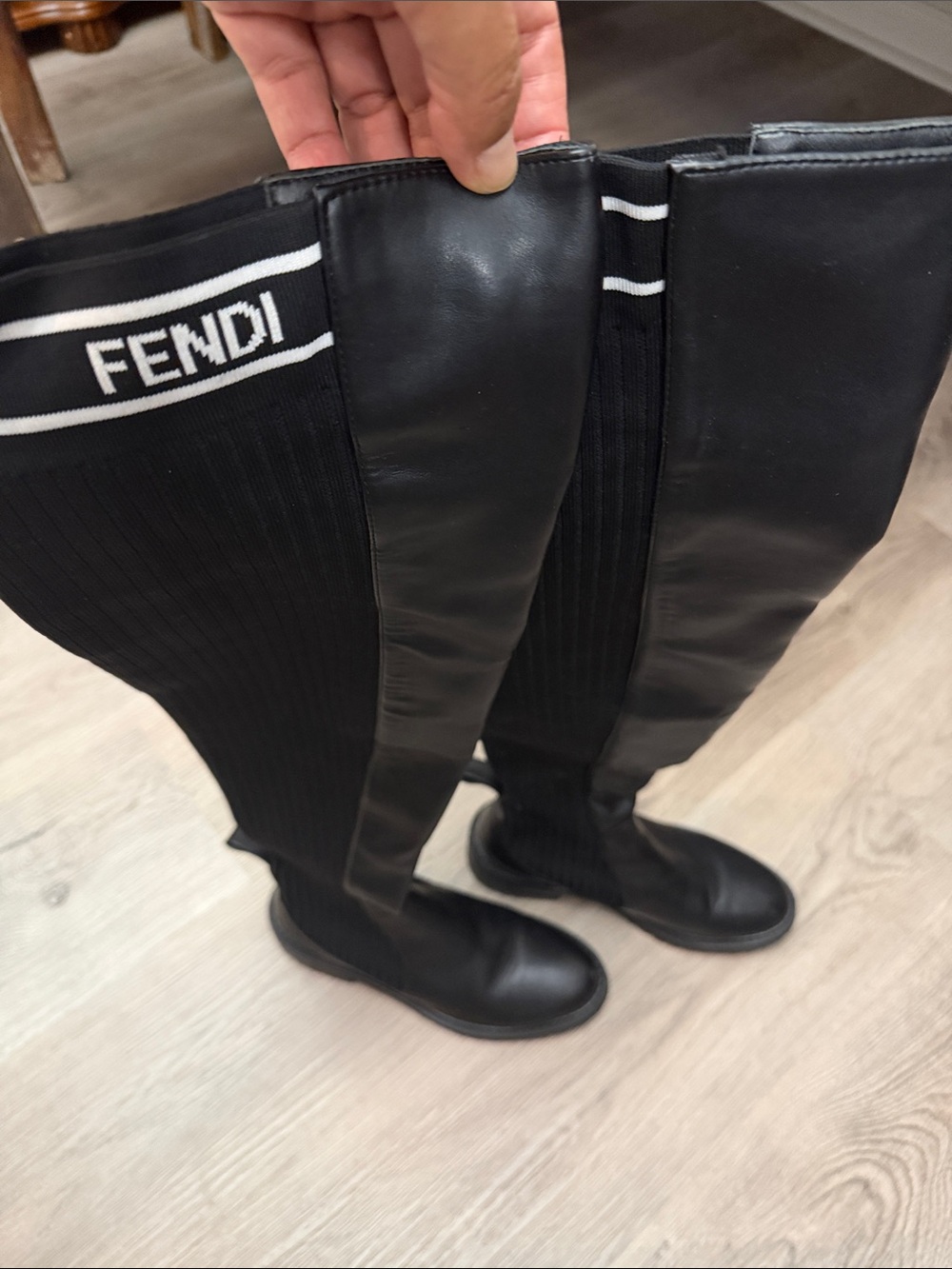 Fendi Black Ribbed Over-the-Knee Leather Boots with Logo Trim - Picture 5 of 14